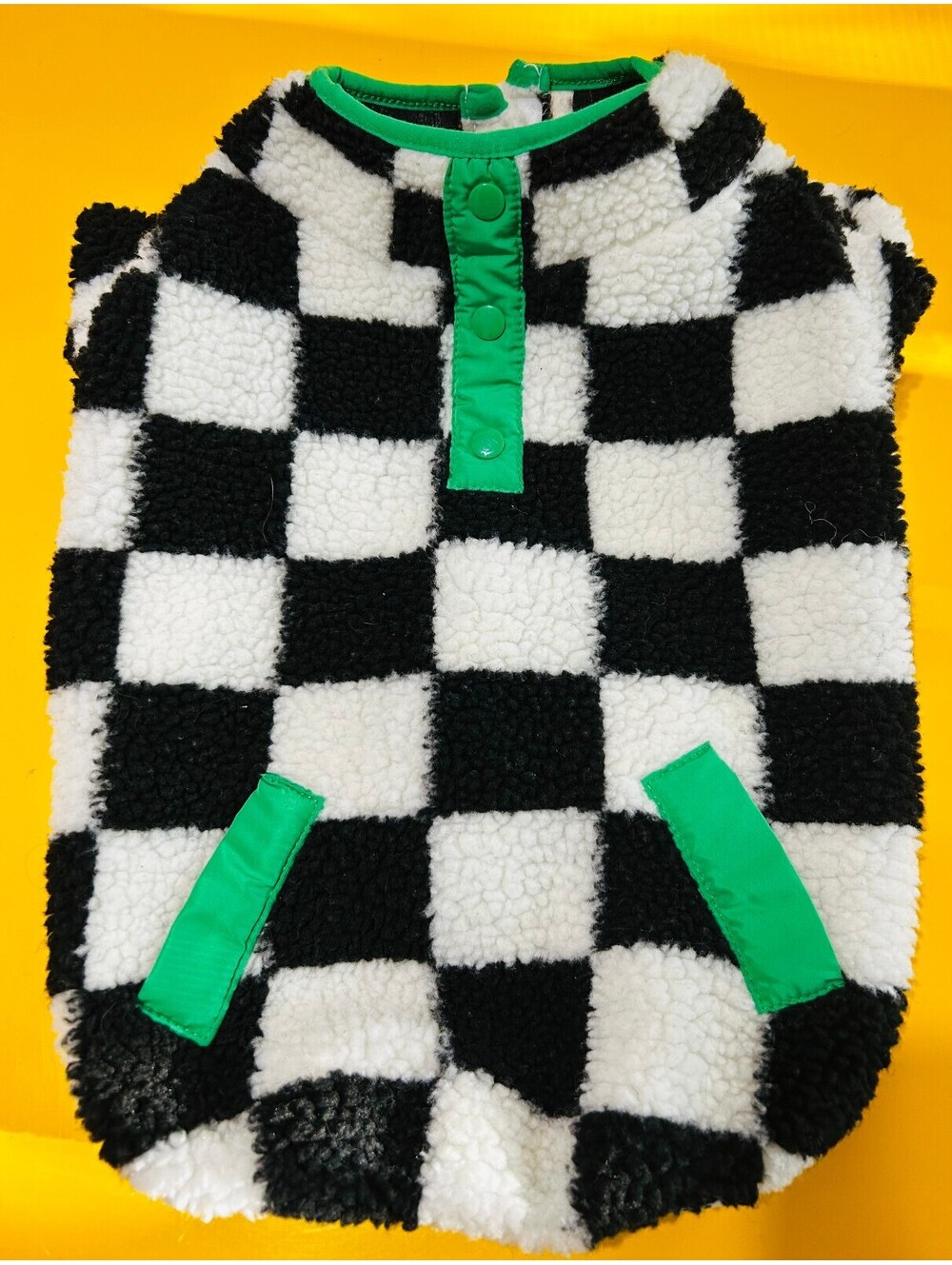 Oodles Dog Apparel Checked Fleece Vest Black White Checkerboard Green Snaps